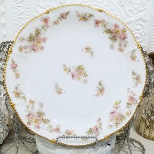 Elite Limoges Chop Plate Large 12" Beaded Pink Floral Serving Platter France